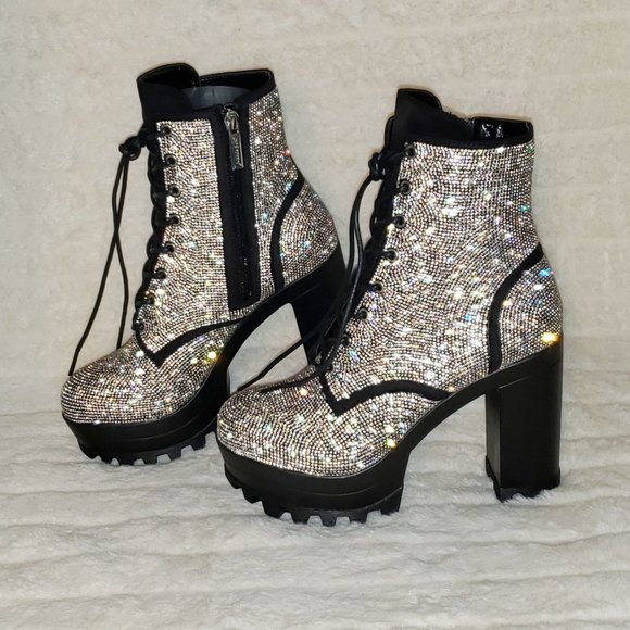 Cape Robbin Shoes - Cape Robbin Silver Crystal Lace-Up Platform Ankle Boots